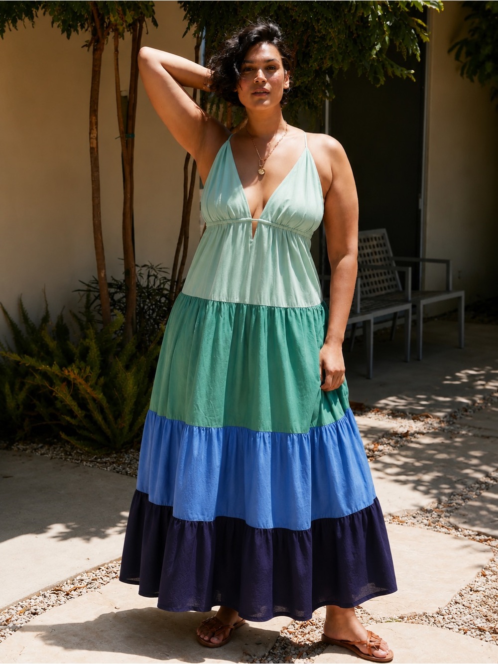 Anthropologie | Colorblock Drama Tiered Maxi Dress in Mint Teal Blue ~ Large